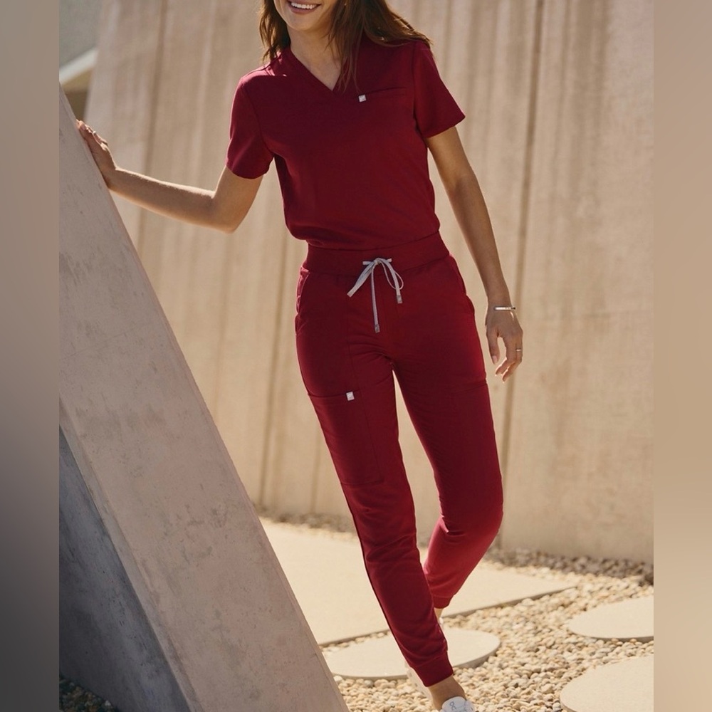 Fabletics scrub set, on call scrub jogger and vital one pocket scrub top